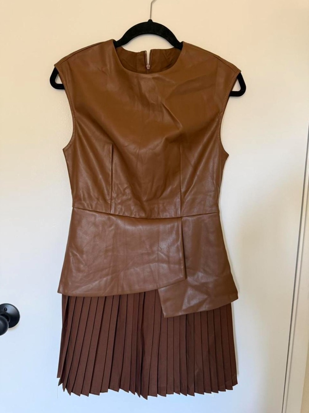 Commense Light Brown Pleated Faux Leather Mini Dress S | Fall Sleeveless Dress - Picture 5 of 6